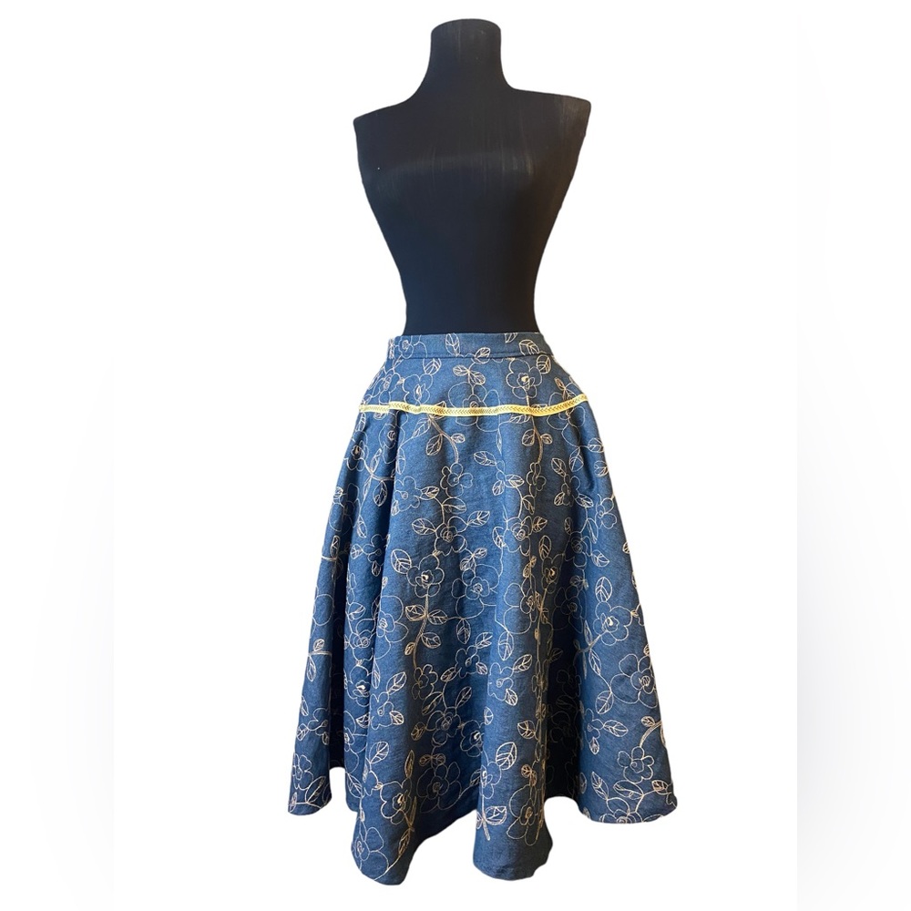 Vintage Jean Embroidered A-Line Full Skirt